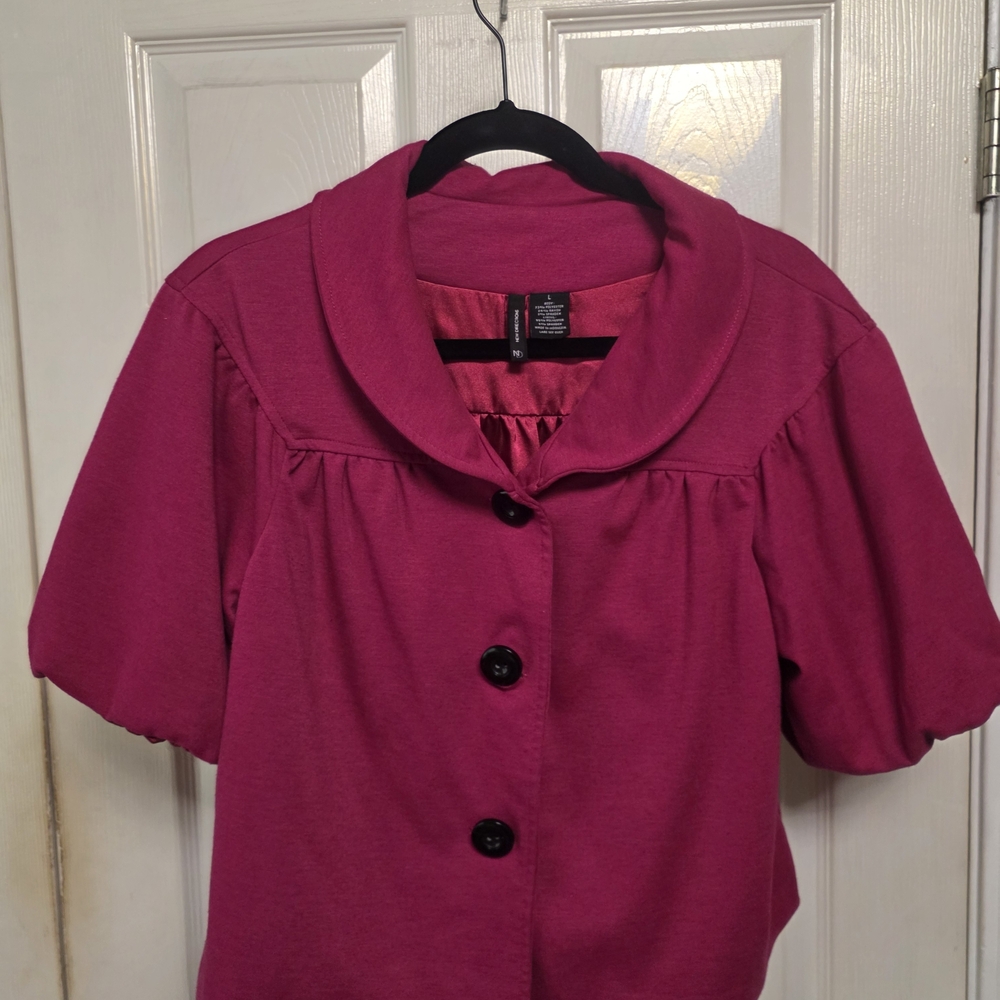 New Directions Magenta Puff Sleeve Button Front Top Size Large